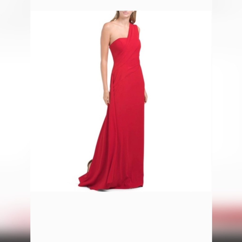 - Rene by Rene Ruiz Collection One Shoulder Drape Red Gown Size 10 NEW